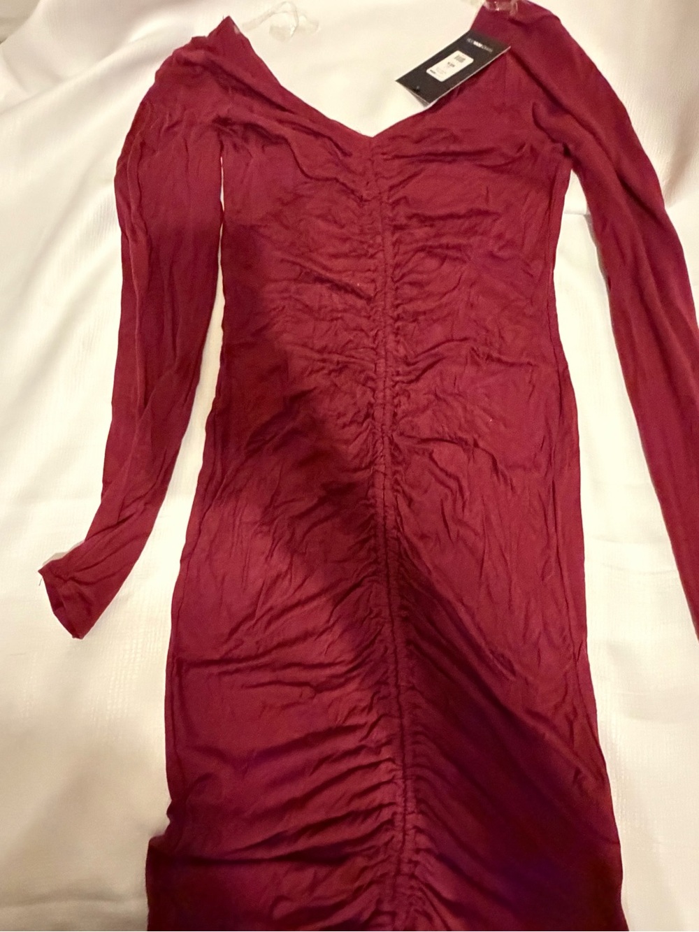 Fashion Nova Medium Burgundy Long Sleeve Ruched Bodycon Dress